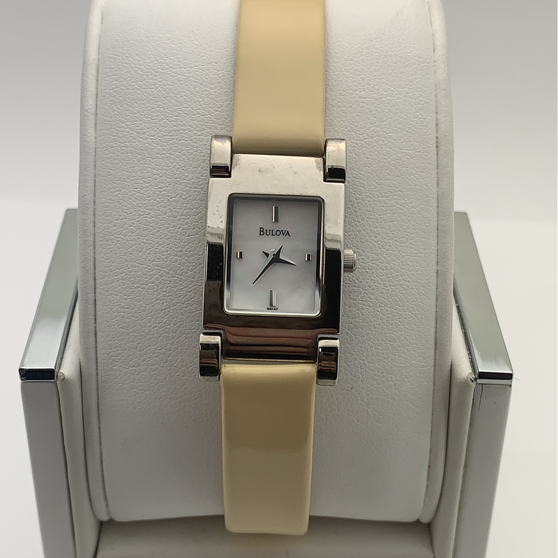 Bulova Ladies Square MOP Dial Cream Leather Strap Watch 96L47