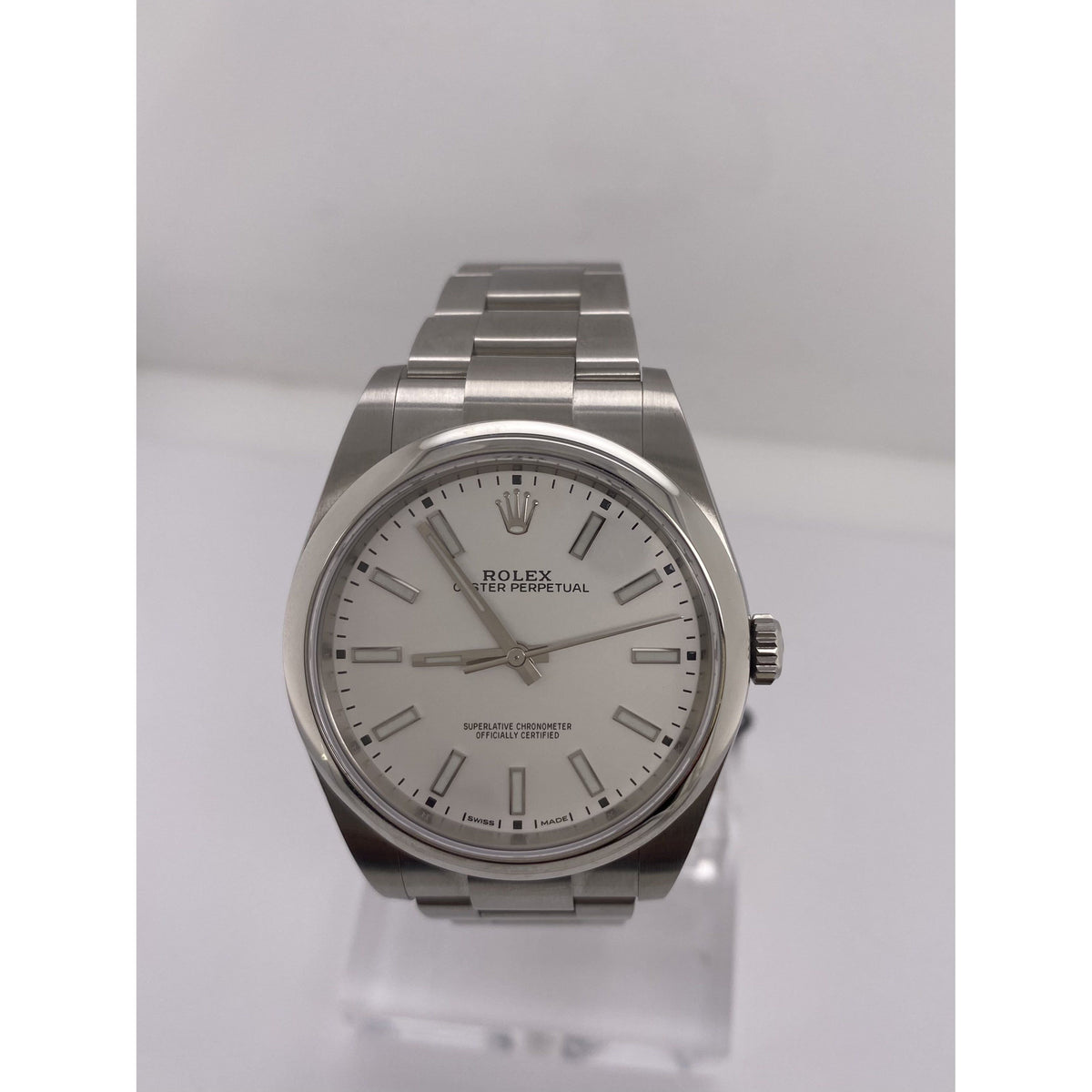 Rolex Men's Oyster Perpetual 39MM Silver Dial White Gold Bezel Oyster Bracelet Watch