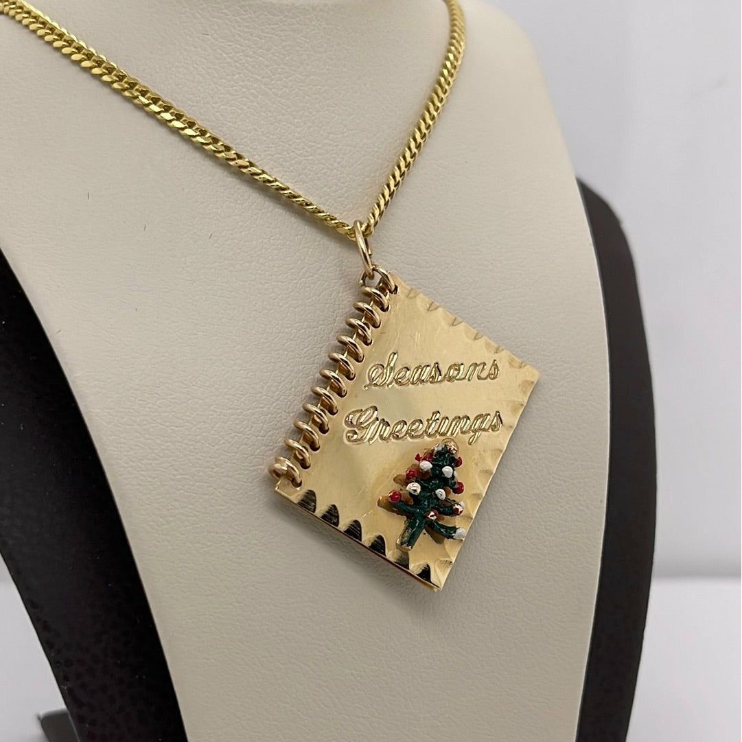14K Yellow Gold Seasons Greetings Christmas Tree Charm Pendant P045