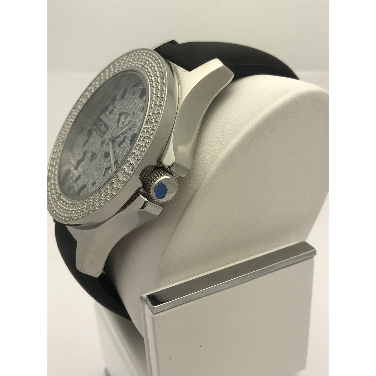 King Master Men's Diamond Bezel Silver Tone Dial Black Leather Band Watch 3303