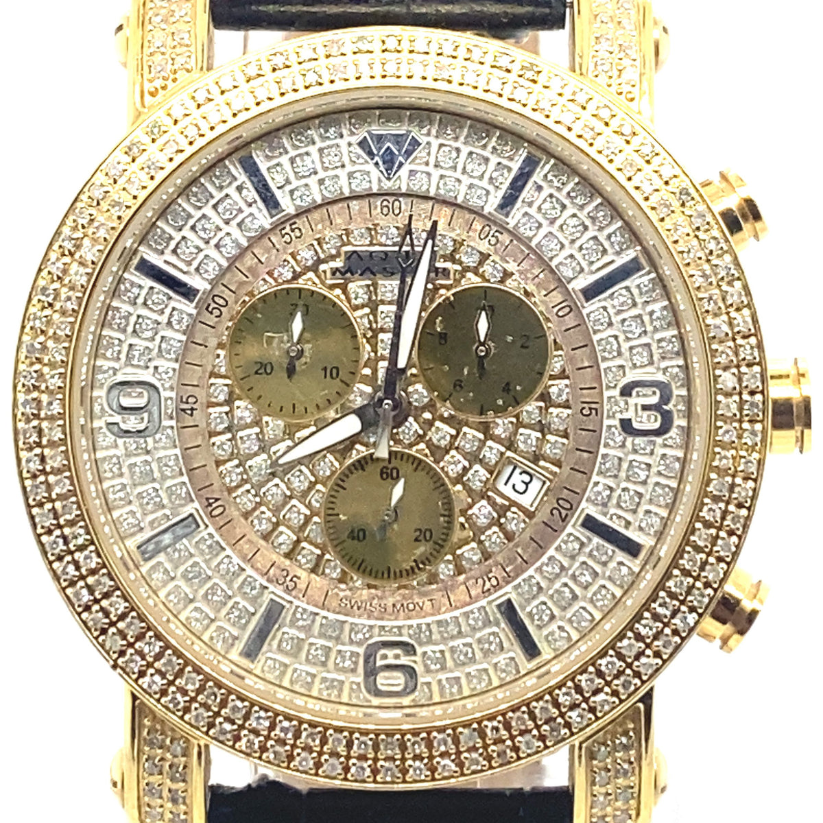 Aqua Master Men's Silver Dial Black Leather Strap Diamond Bezel Watch