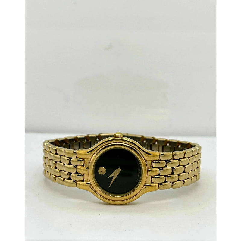 Movado Ladies Black Dial Yellow Gold Tone Bracelet Watch 0600711 ELI ADAMS JEWELERS