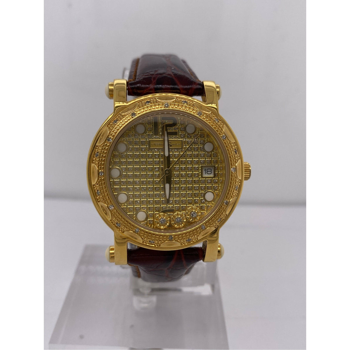 Techno Swiss Ladies Gold Dial Floating Charms Brown Leather Strap Watch TSM-1010