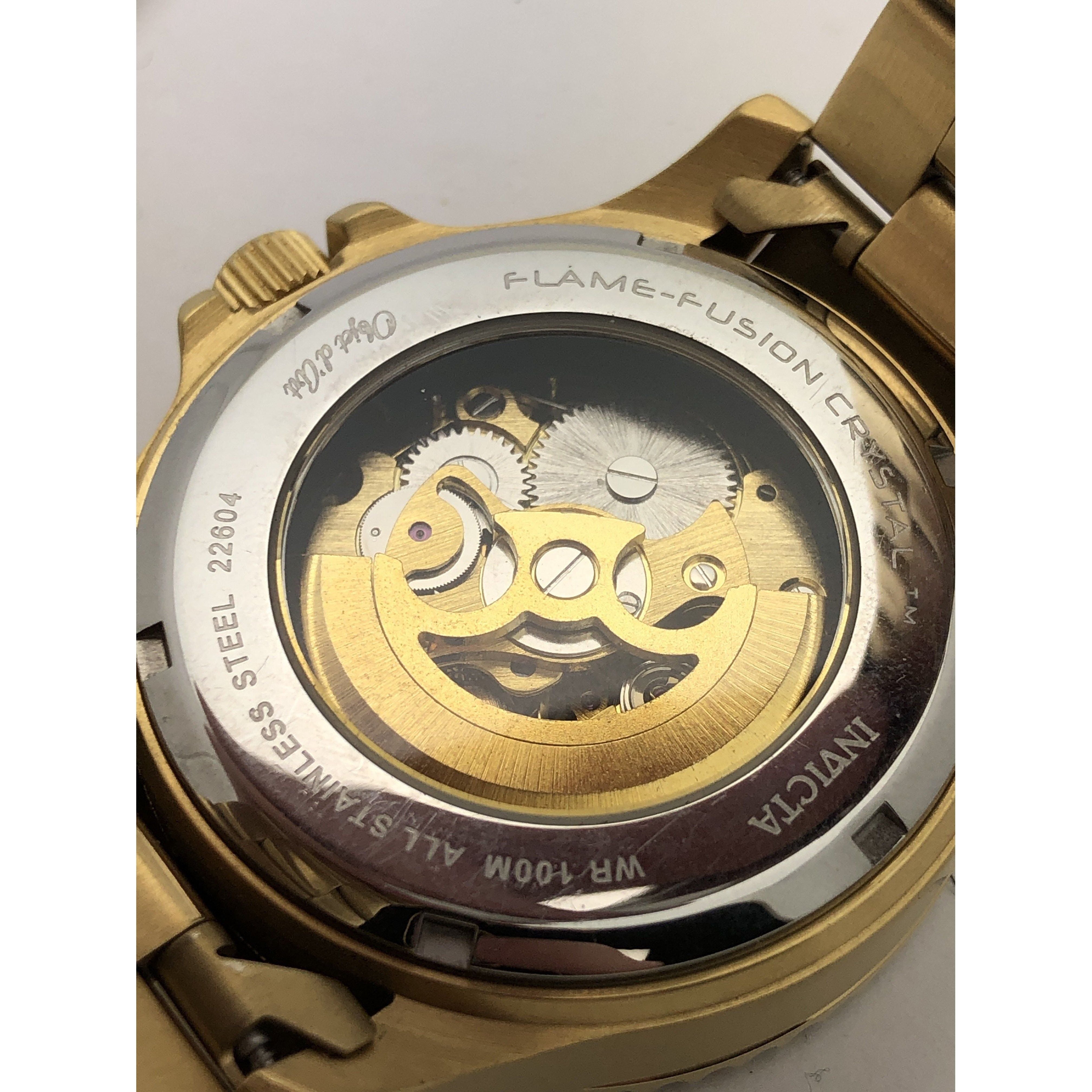 Invicta Mens Gold/Gray Tone Skeleton Dial Gold Tone Stainless