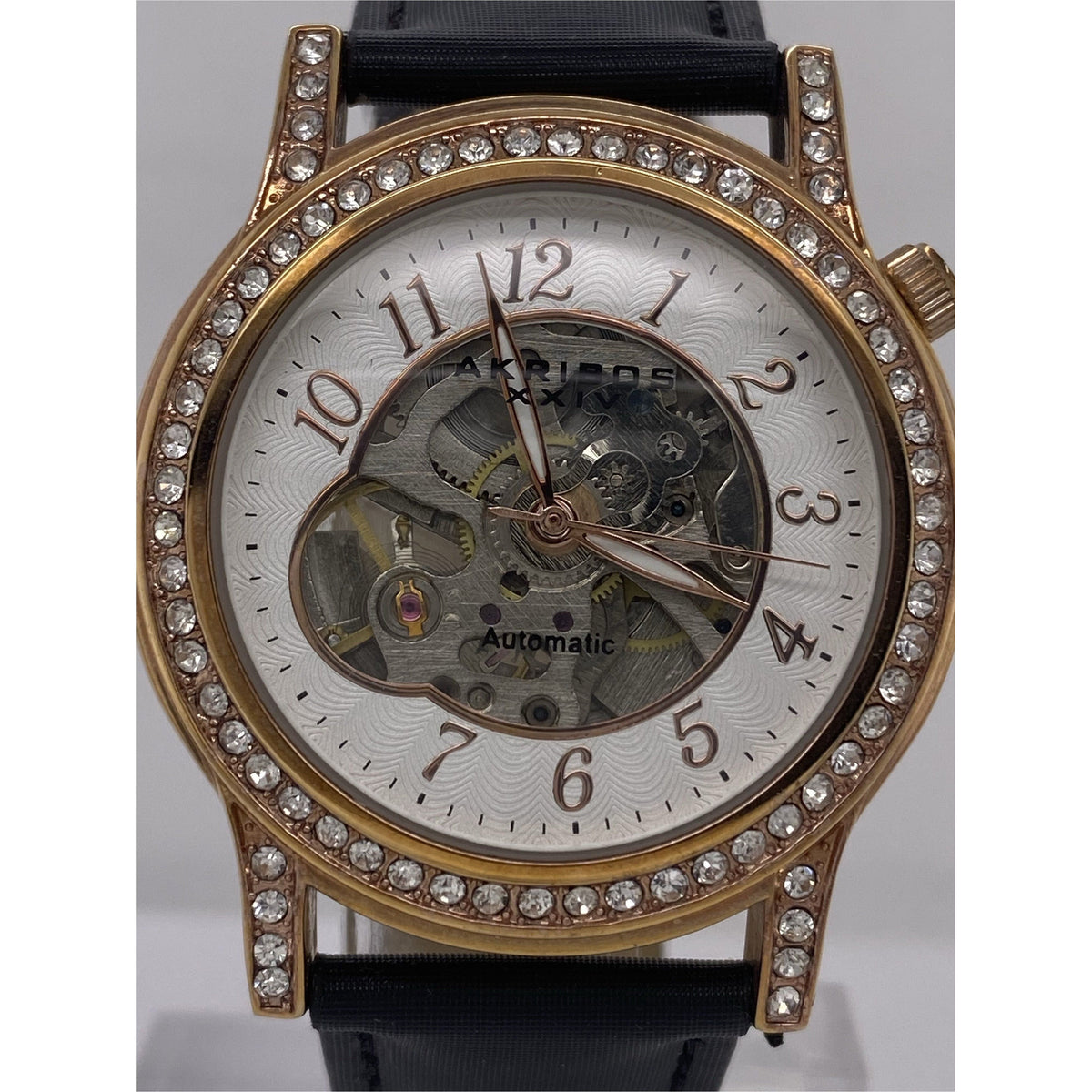 Akribos Ladies Silver Tone Dial Black Leather Strap Automatic Watch AK475RG
