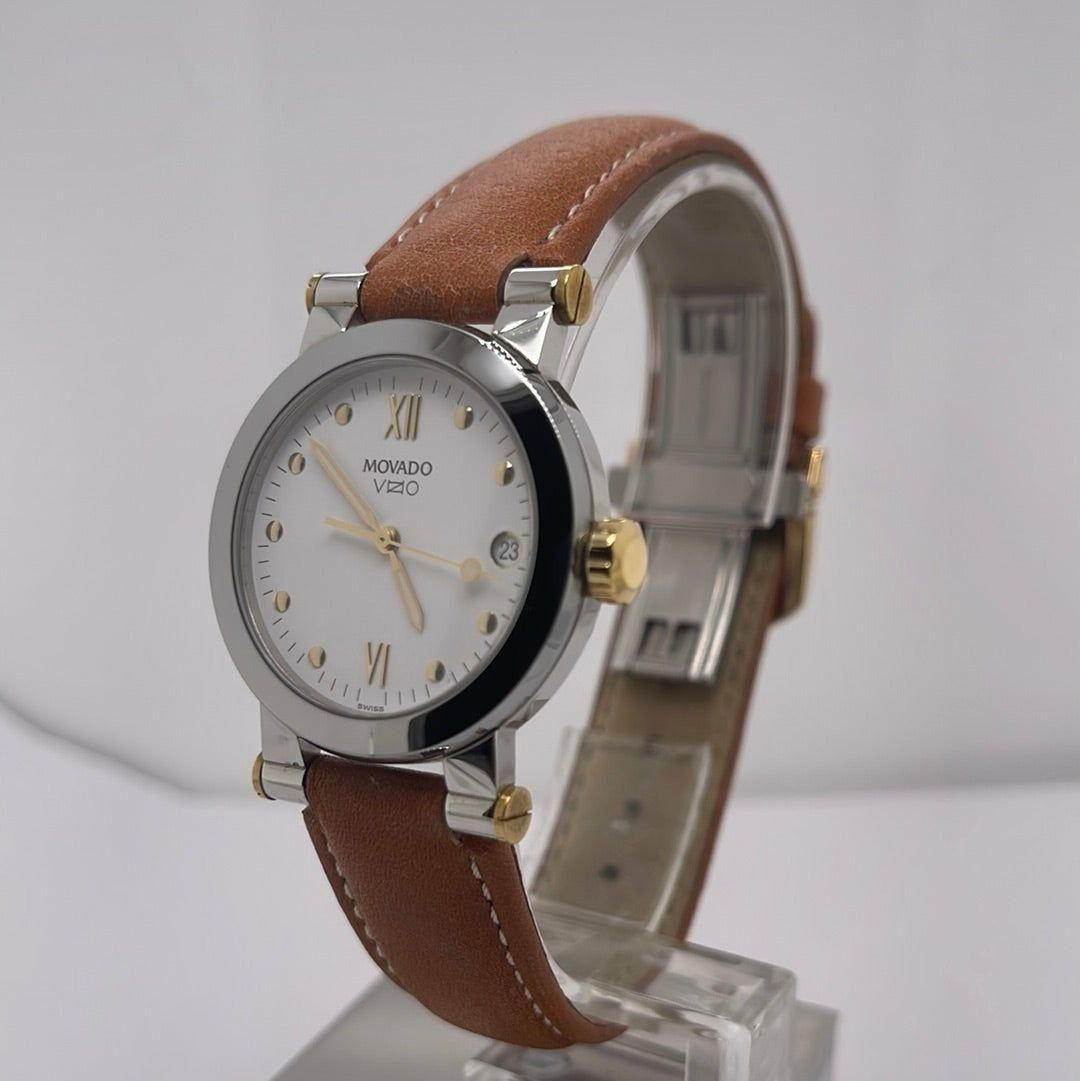 Movado Vizio Ladies White Dial Light Brown Leather Band Watch 1603601