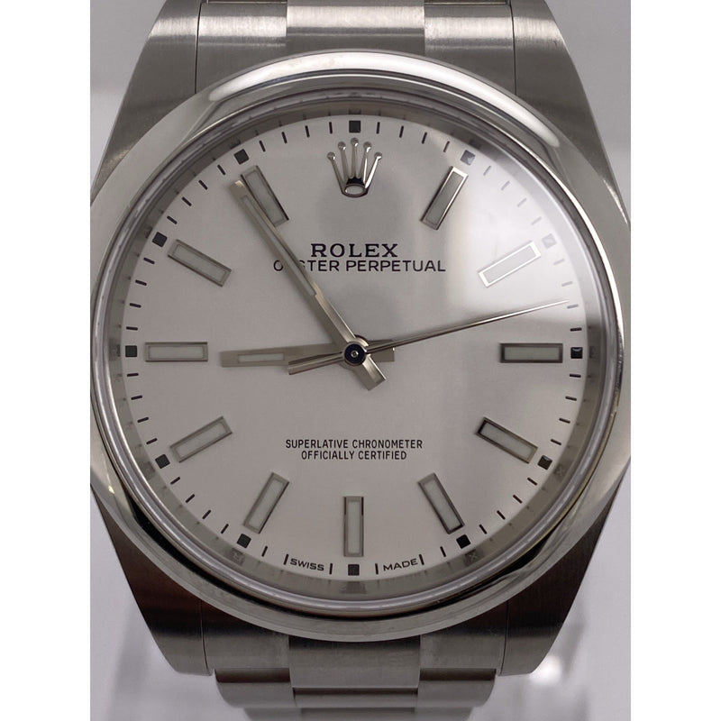 Rolex Men's Oyster Perpetual 39MM Silver Dial White Gold Bezel Oyster Bracelet Watch