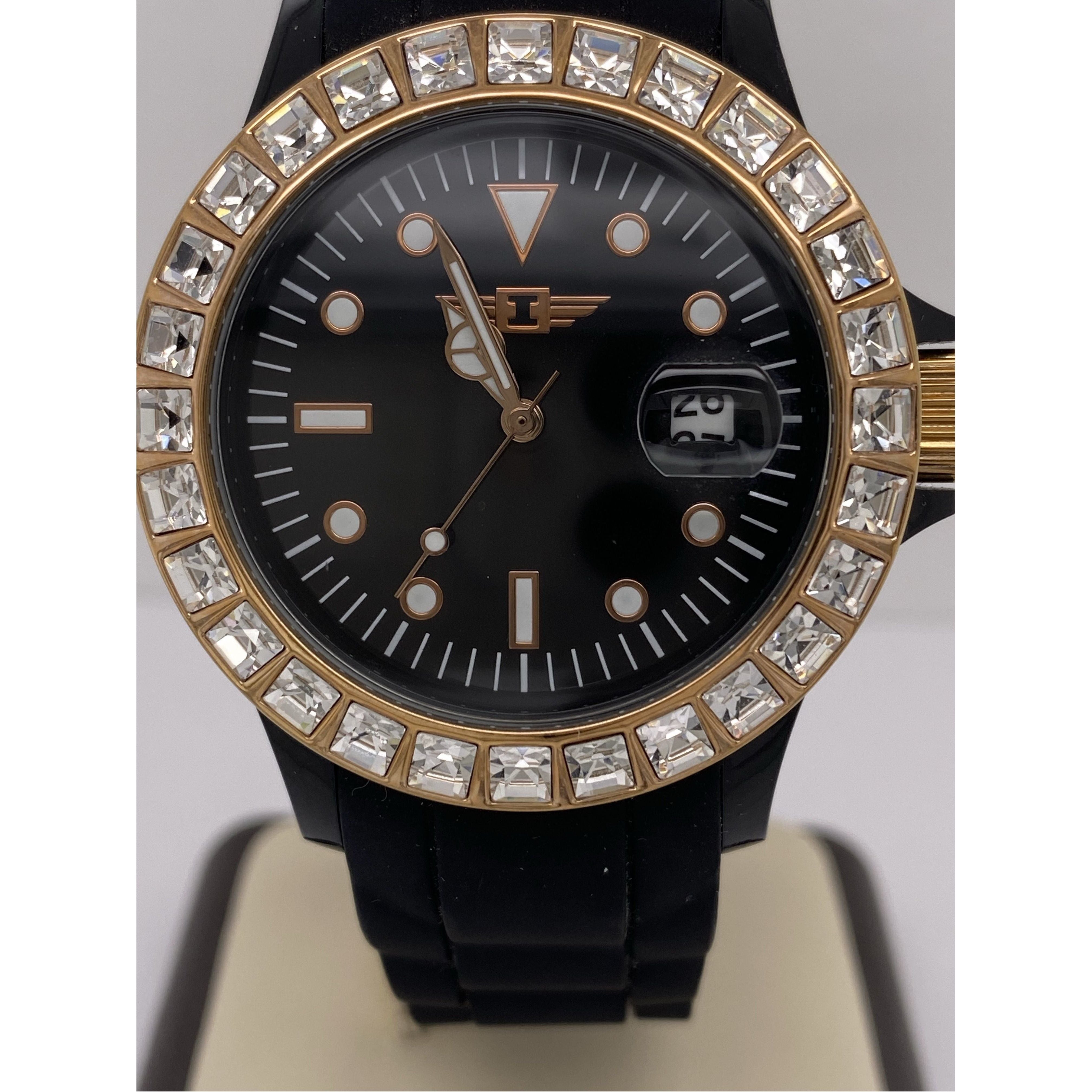 Invicta Ladies Rose Gold Crystal Bezel Black Dial Band Watch