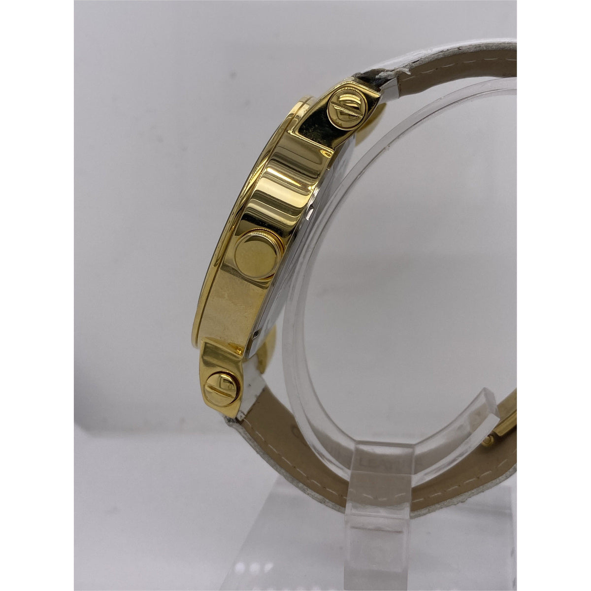 King Master Men's Gold Bezel Blue Dial White Leather Strap Watch