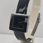 Gucci Ladies Black Dial 'G' Silver Shape Black Leather Strap Watch 3600L