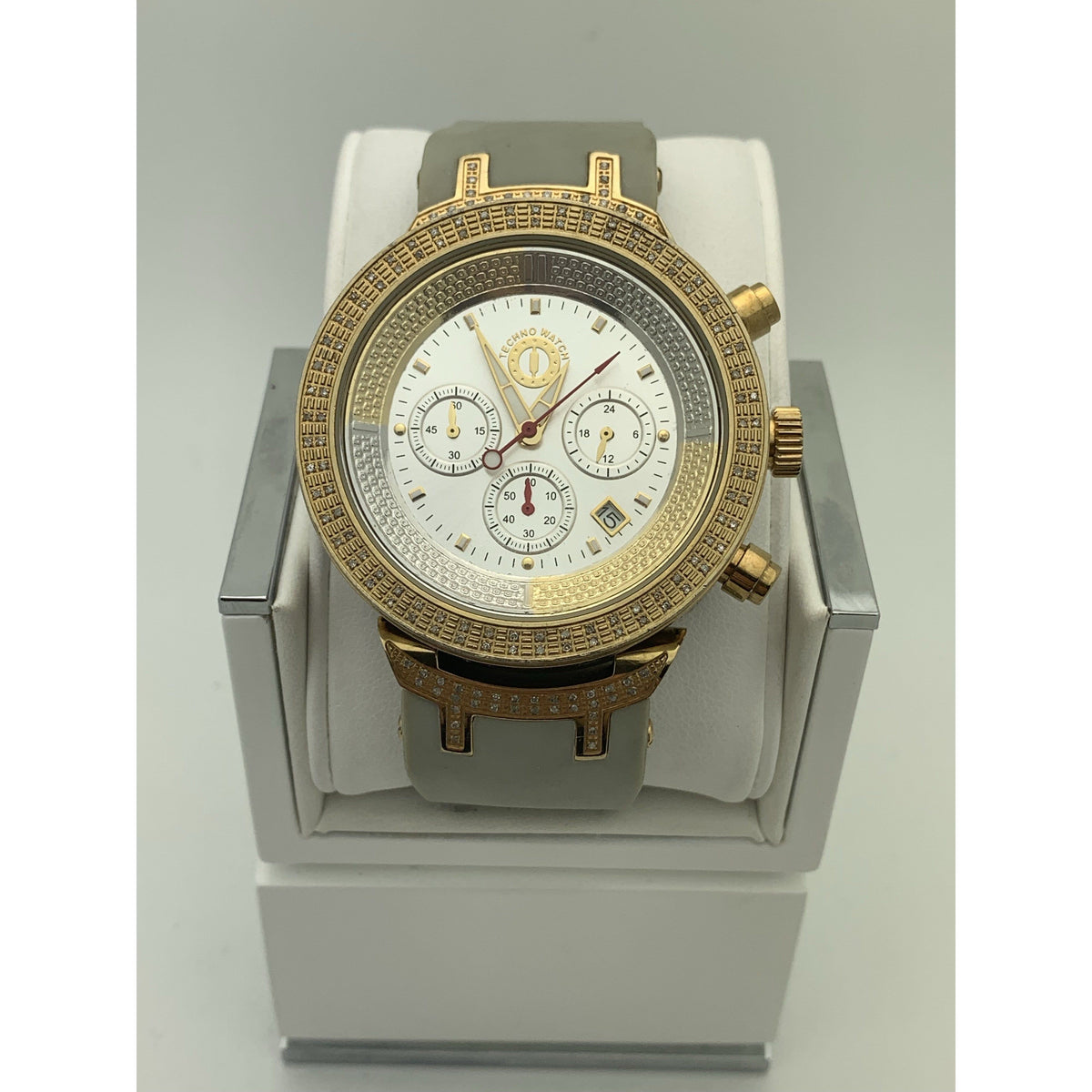 Techno Watch Men's Silver Dial Gold Tone Bezel Gray Rubber Strap Watch