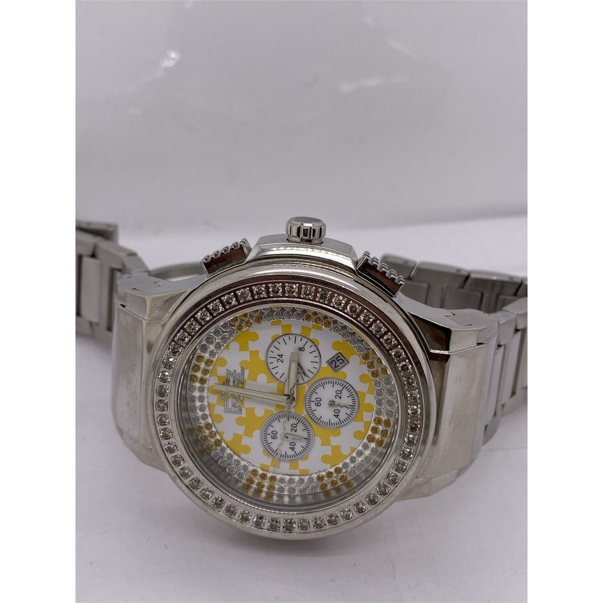 Freeze Men's Yellow/White Puzzle Piece Dial Silver Stainless Steel Bracelet Watch F4394