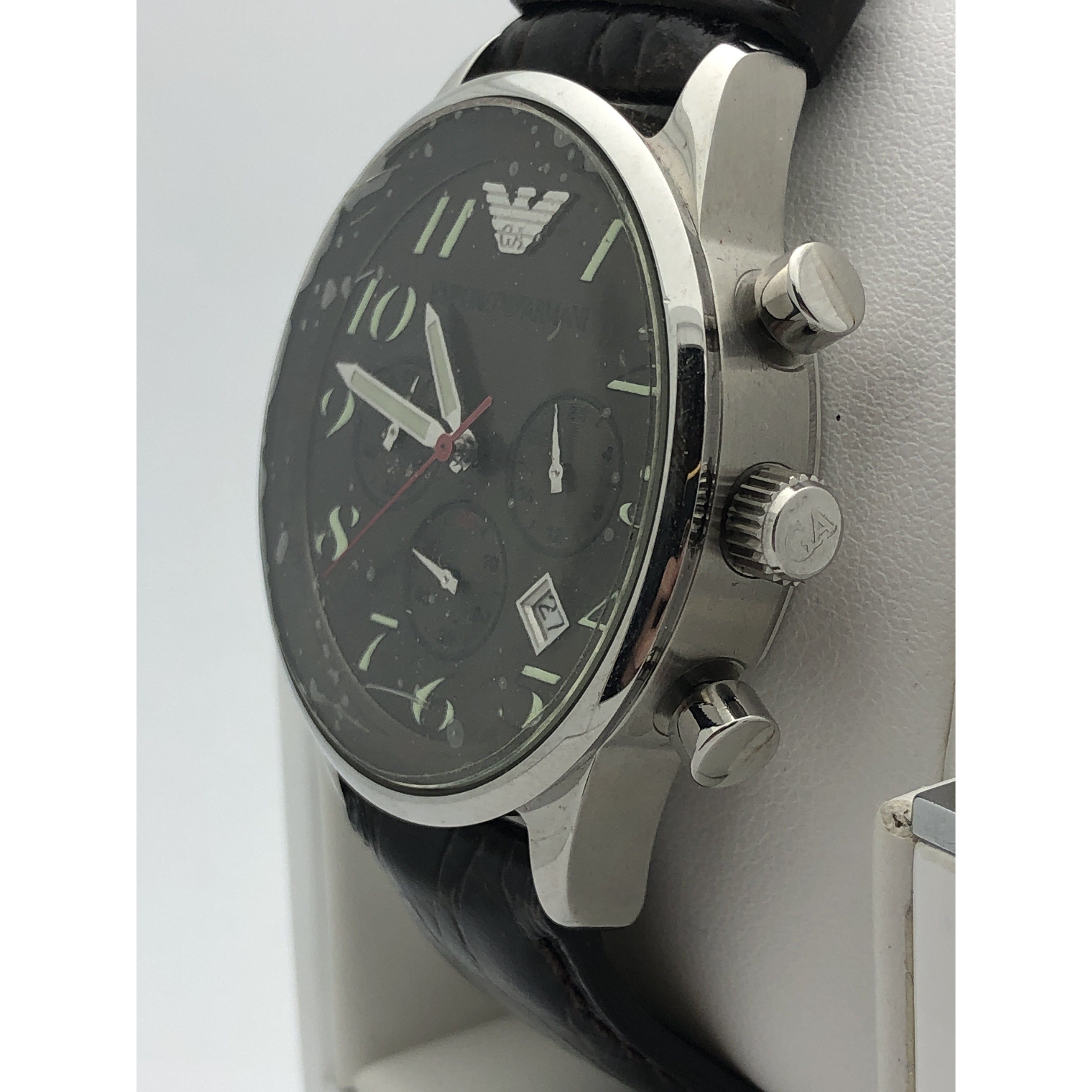 Emporio Armani Men's Green Dial Brown Genuine Leather Strap Watch