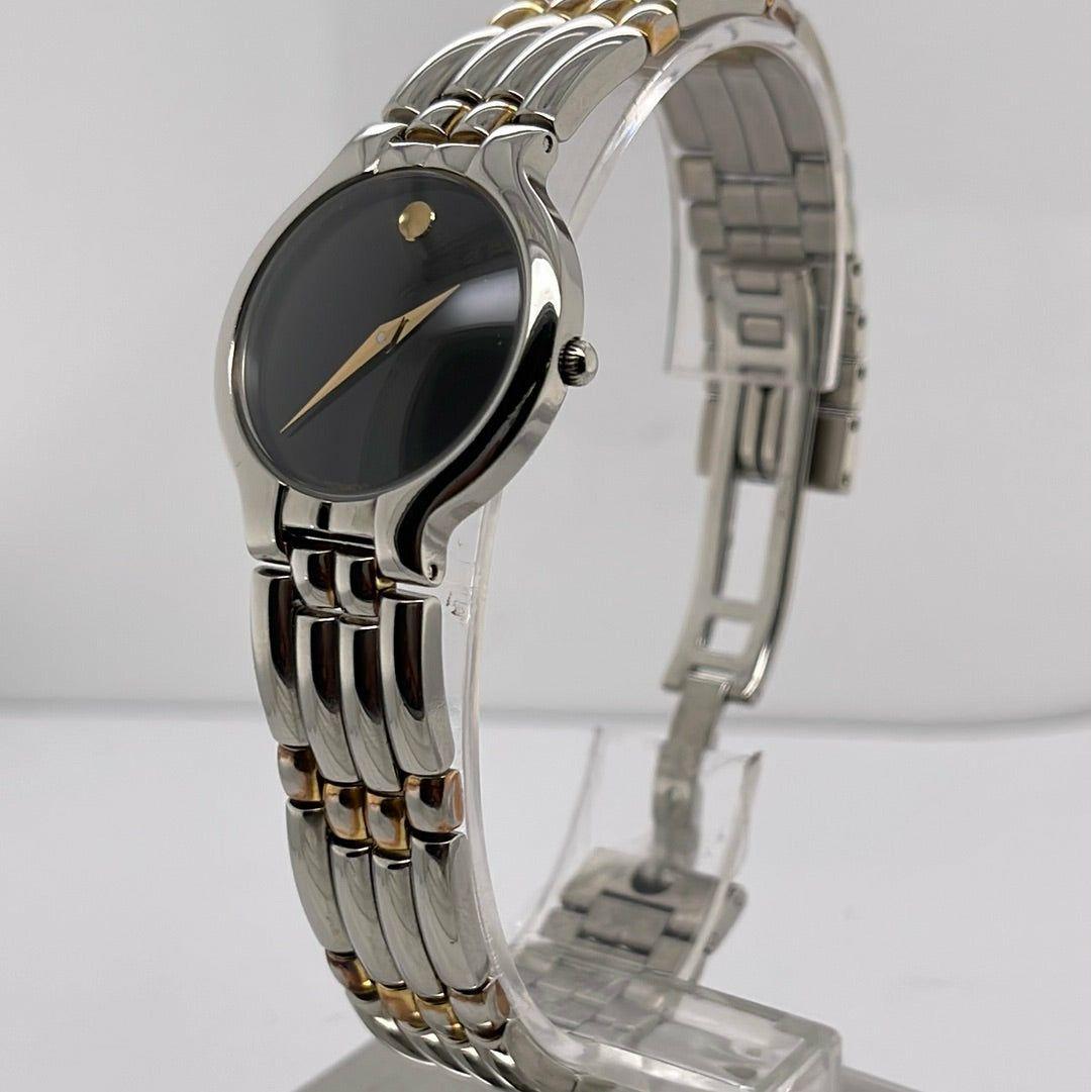 Movado Ladies Black Dial Two Tone Stainless Steel Bracelet Swiss Quartz Watch 0600504