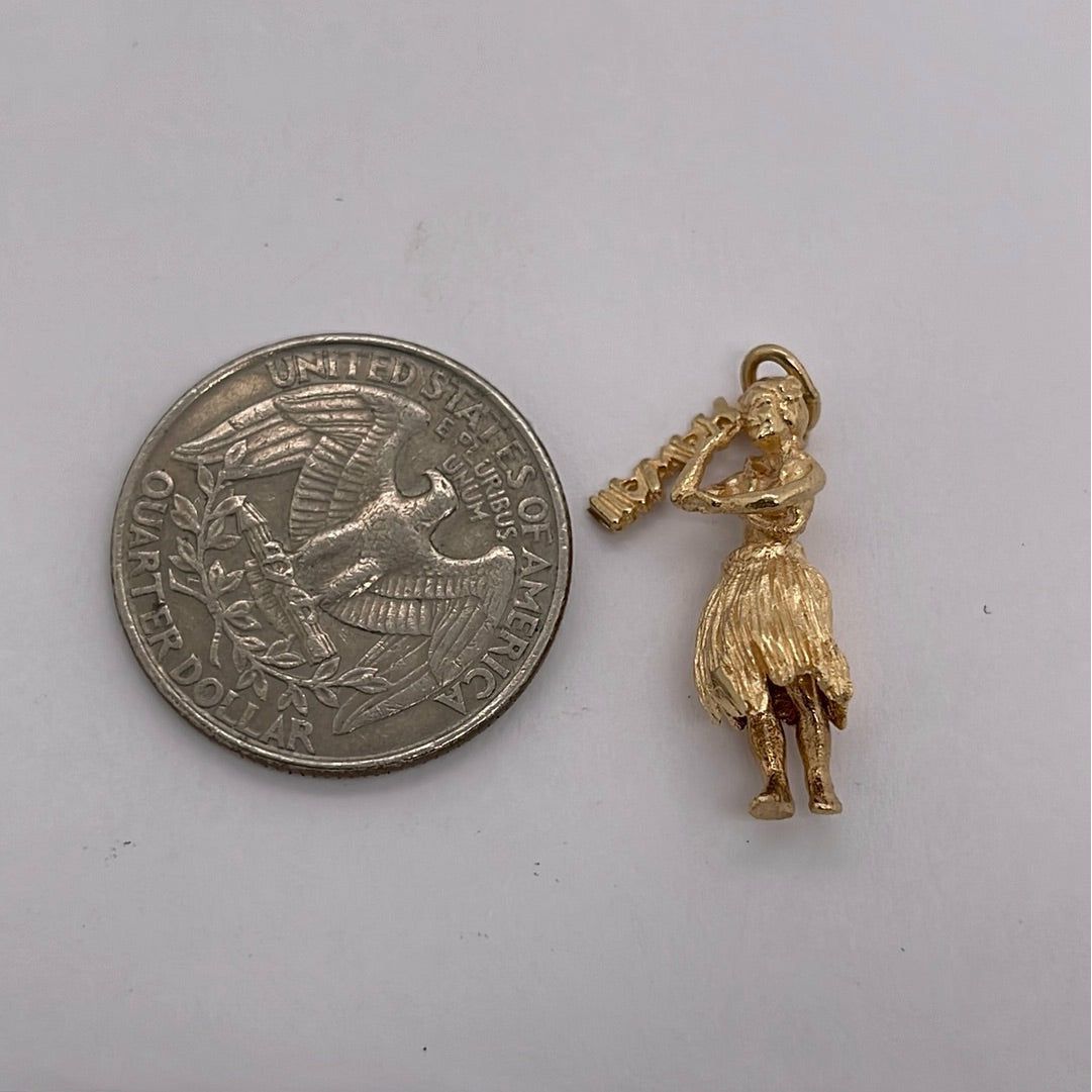 14K Yellow Gold Hawaii Hula Girl Charm Pendant P050