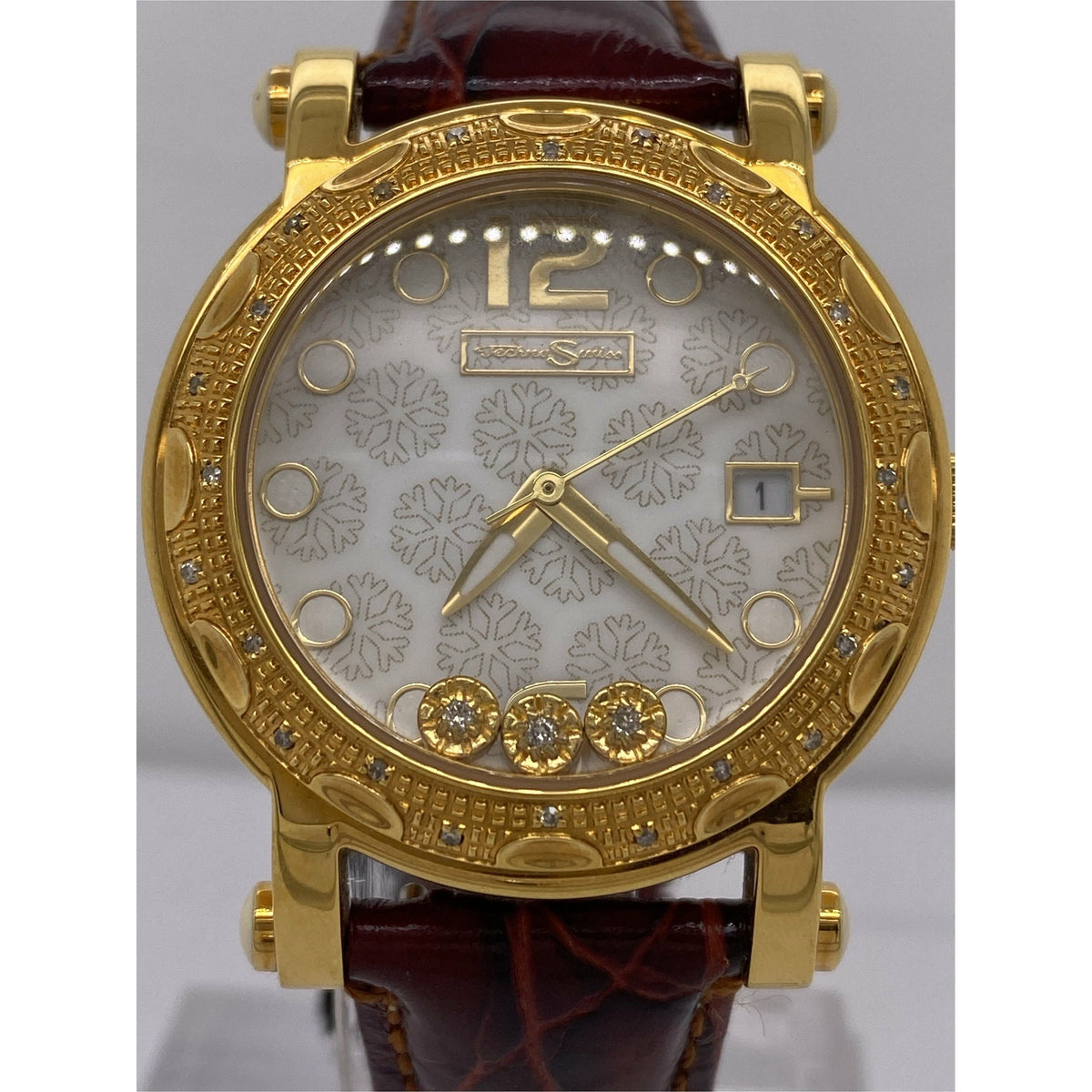 Techno Swiss Ladies White Snowflake Dial Brown Leather Strap Watch TSM-1033