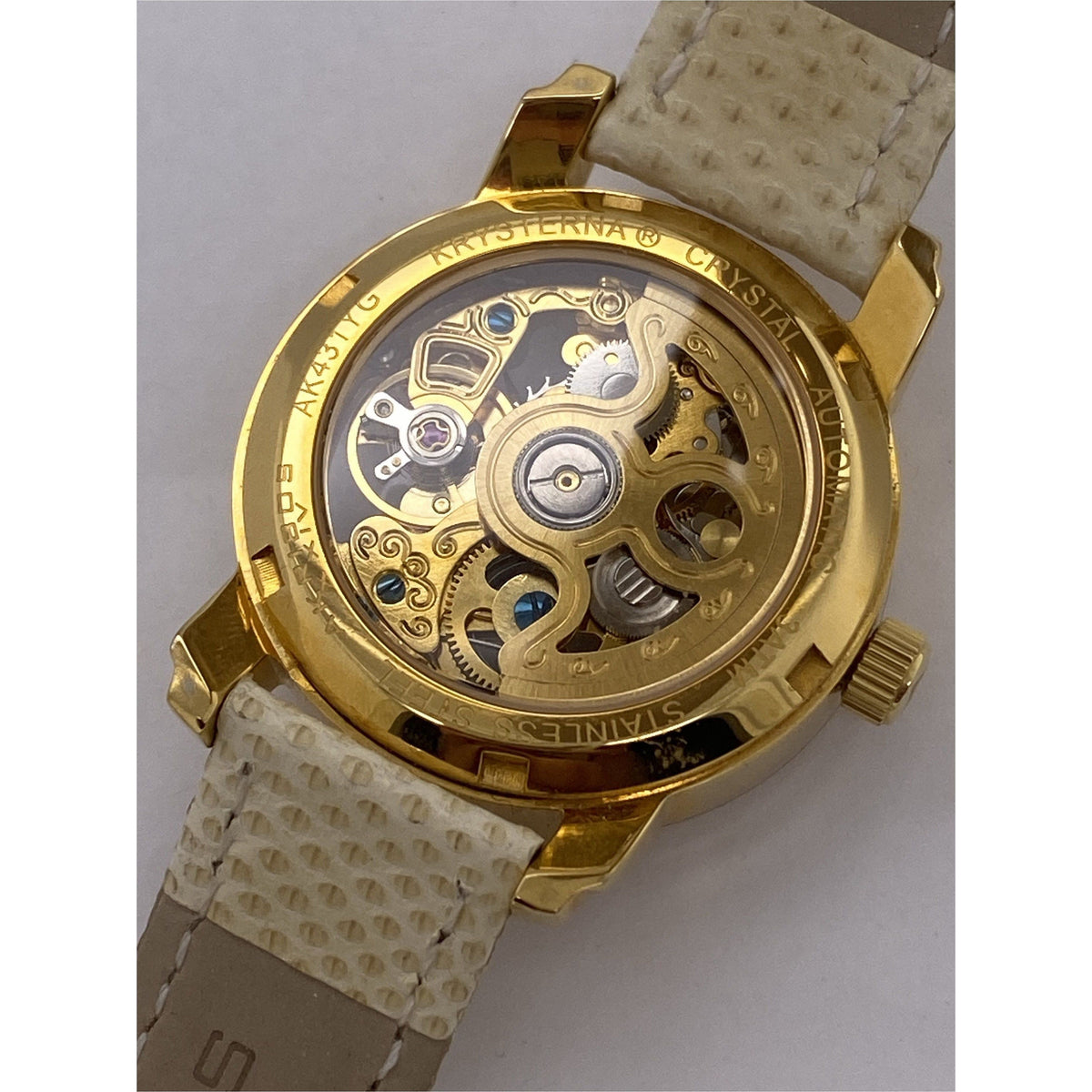Akribos Ladies Yellow Gold Tone Skeleton Dial Beige Leather Strap Watch AK431YG