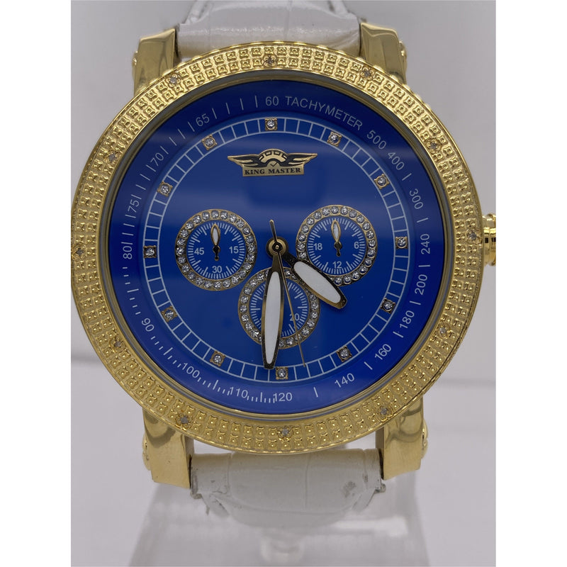 King Master Men's Gold Bezel Blue Dial White Leather Strap Watch