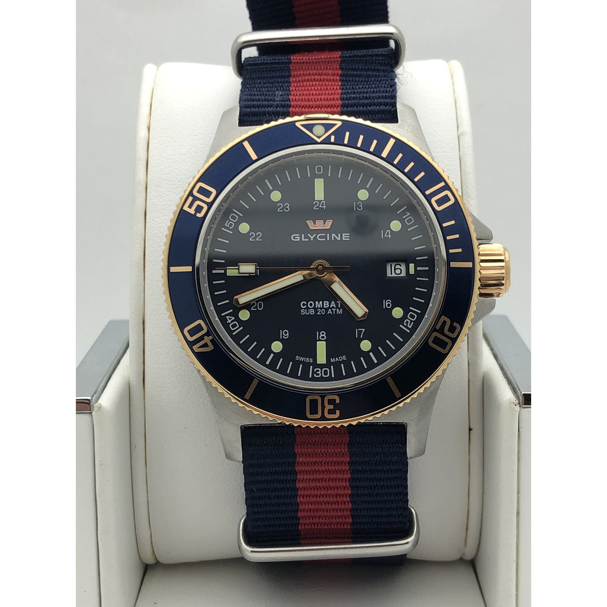 Glycine Men's Combat SUB Automatic Blue Dial Blue & Red Nylon Strap Watch 3908.3