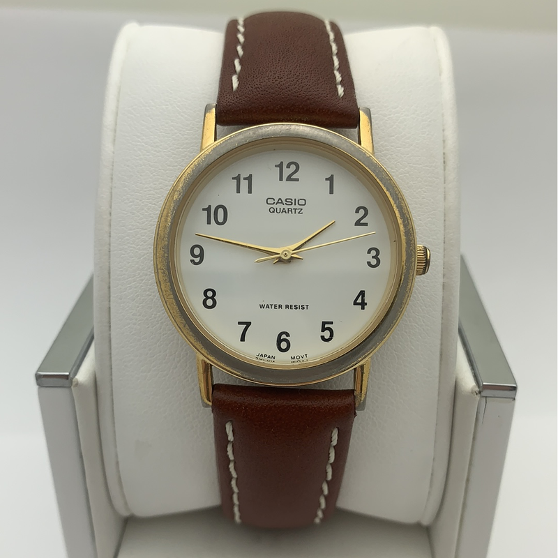 Casio Unisex White Dial Brown Leather Strap Watch MTP-1095