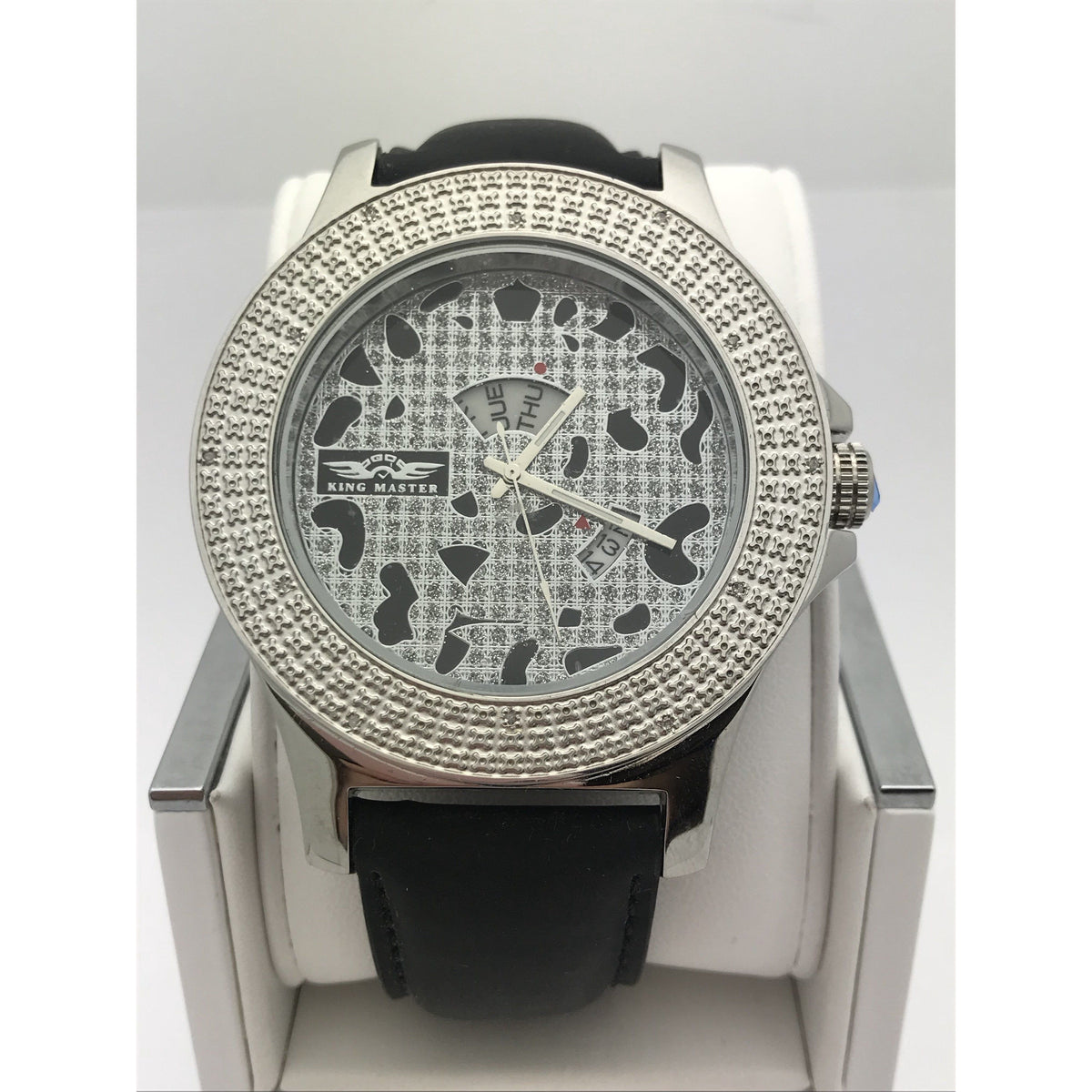 King Master Men's Diamond Bezel Silver Tone Dial Black Leather Band Watch 3303