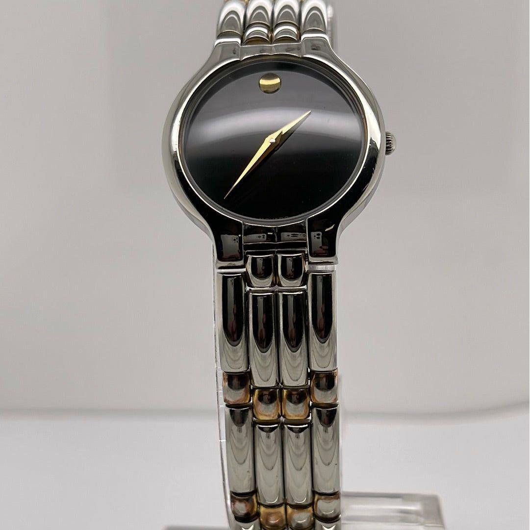 Movado Ladies Black Dial Two Tone Stainless Steel Bracelet Swiss Quartz Watch 0600504