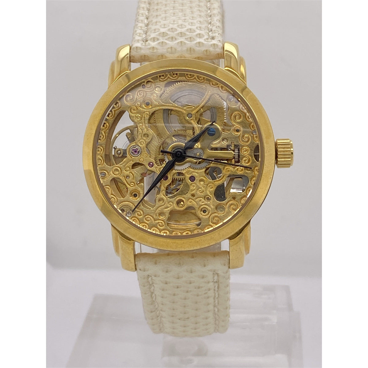 Akribos Ladies Yellow Gold Tone Skeleton Dial Beige Leather Strap Watch AK431YG