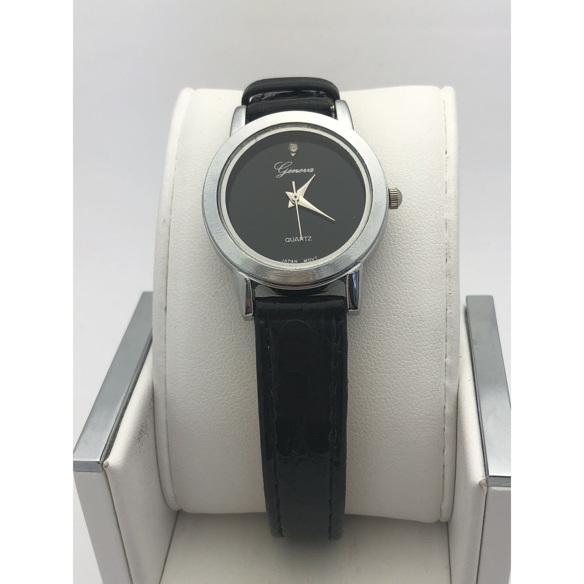 Geneva Ladies Quartz Black Dial Black Leather Band Watch 20018