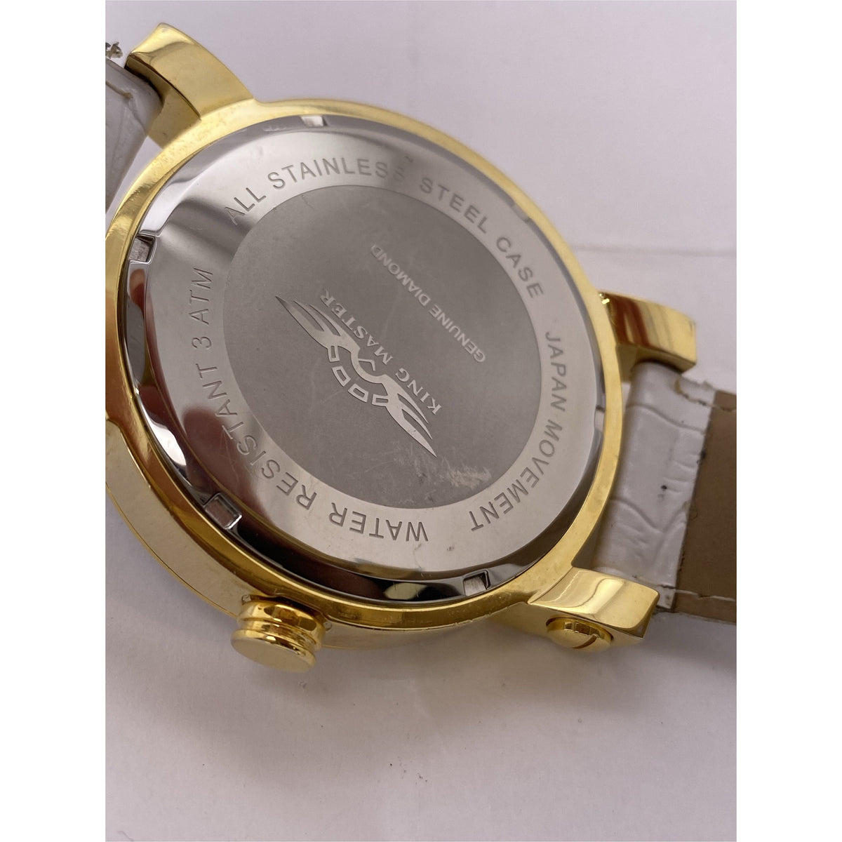 King Master Men's Gold Bezel Blue Dial White Leather Strap Watch