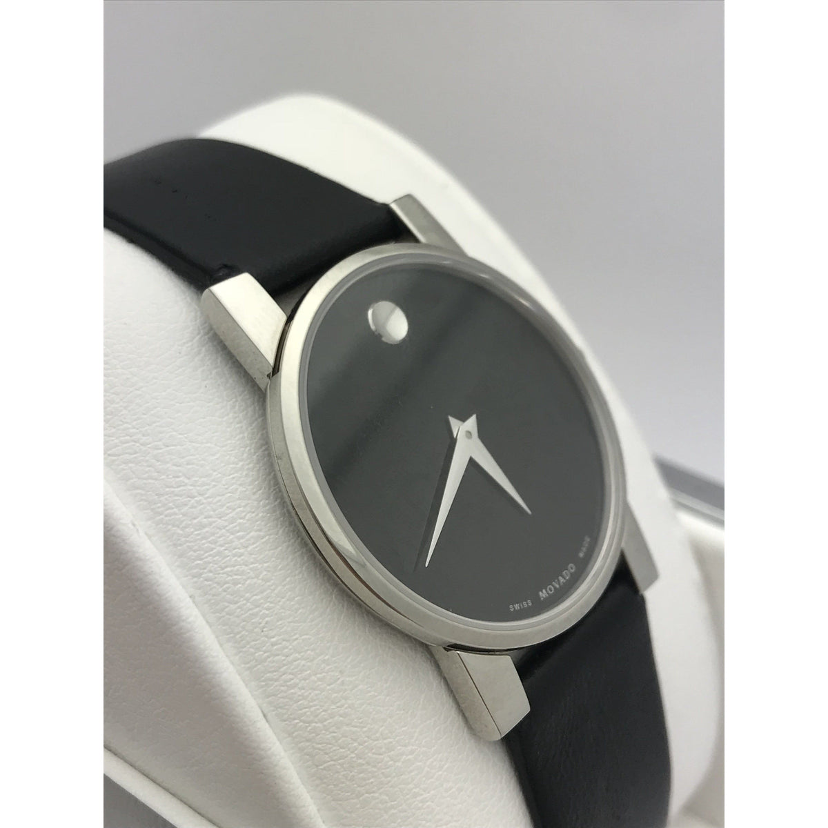 Movado Ladies Modena Black Museum Dial Black Leather Band Watch 0604231