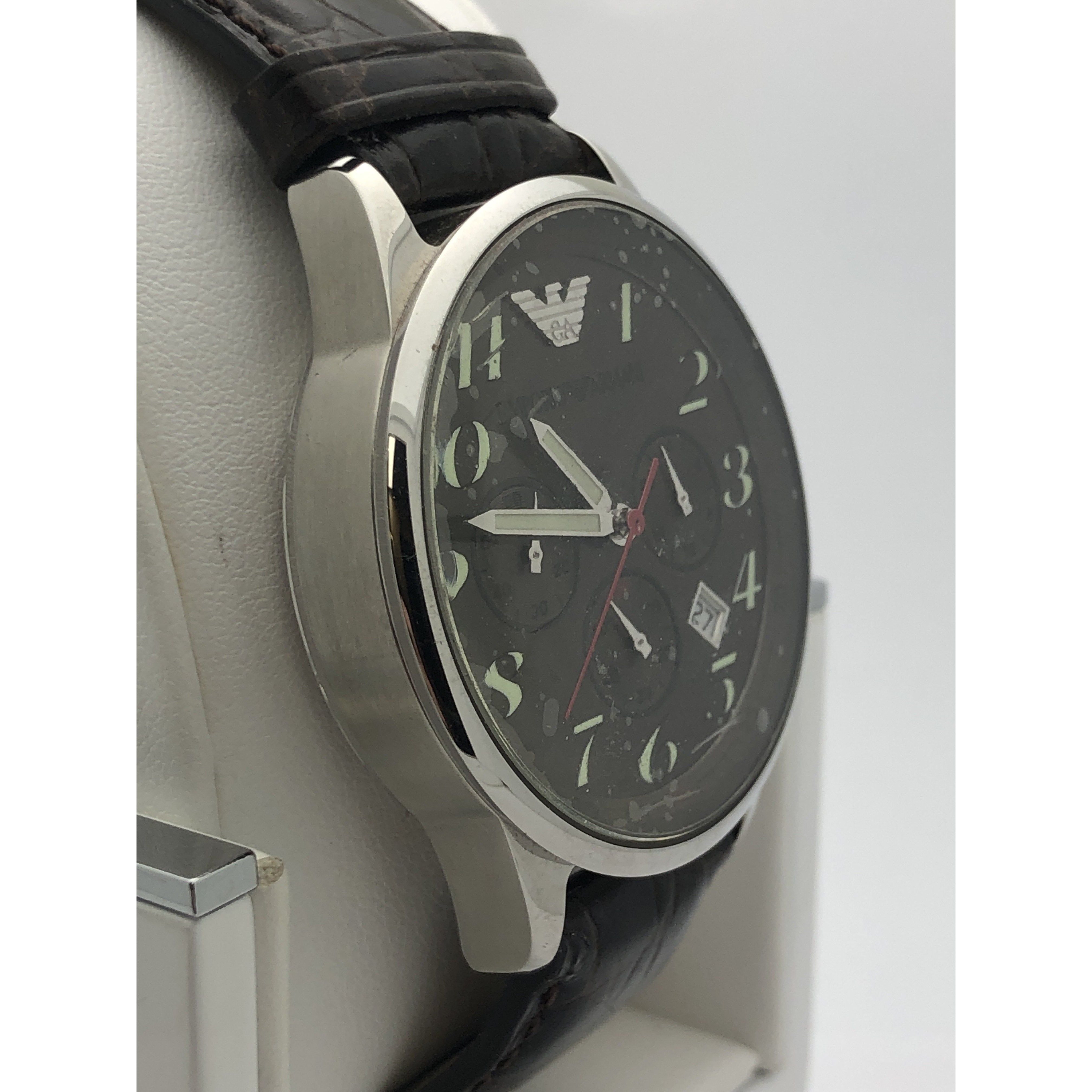 Emporio Armani Men's Green Dial Brown Genuine Leather Strap Watch