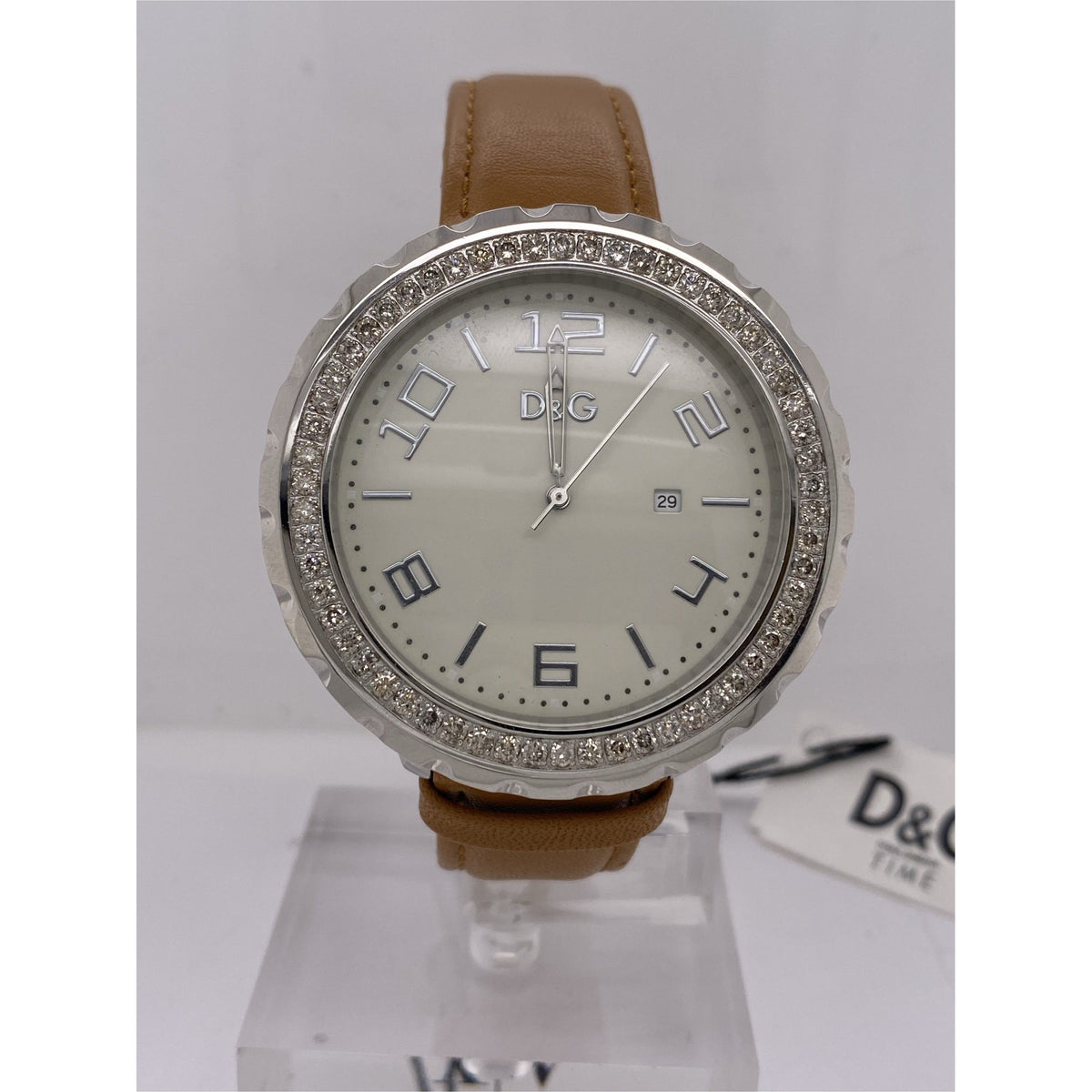 Dolce & Gabbana Time Men's 2ct. Diamond Bezel White Dial Brown Leather Strap Watch 3719340281