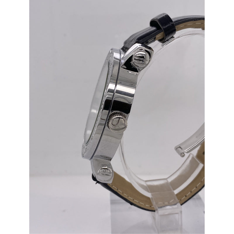 King Master Men's Silver Dial Black Leather Strap Diamond Bezel Watch 104M