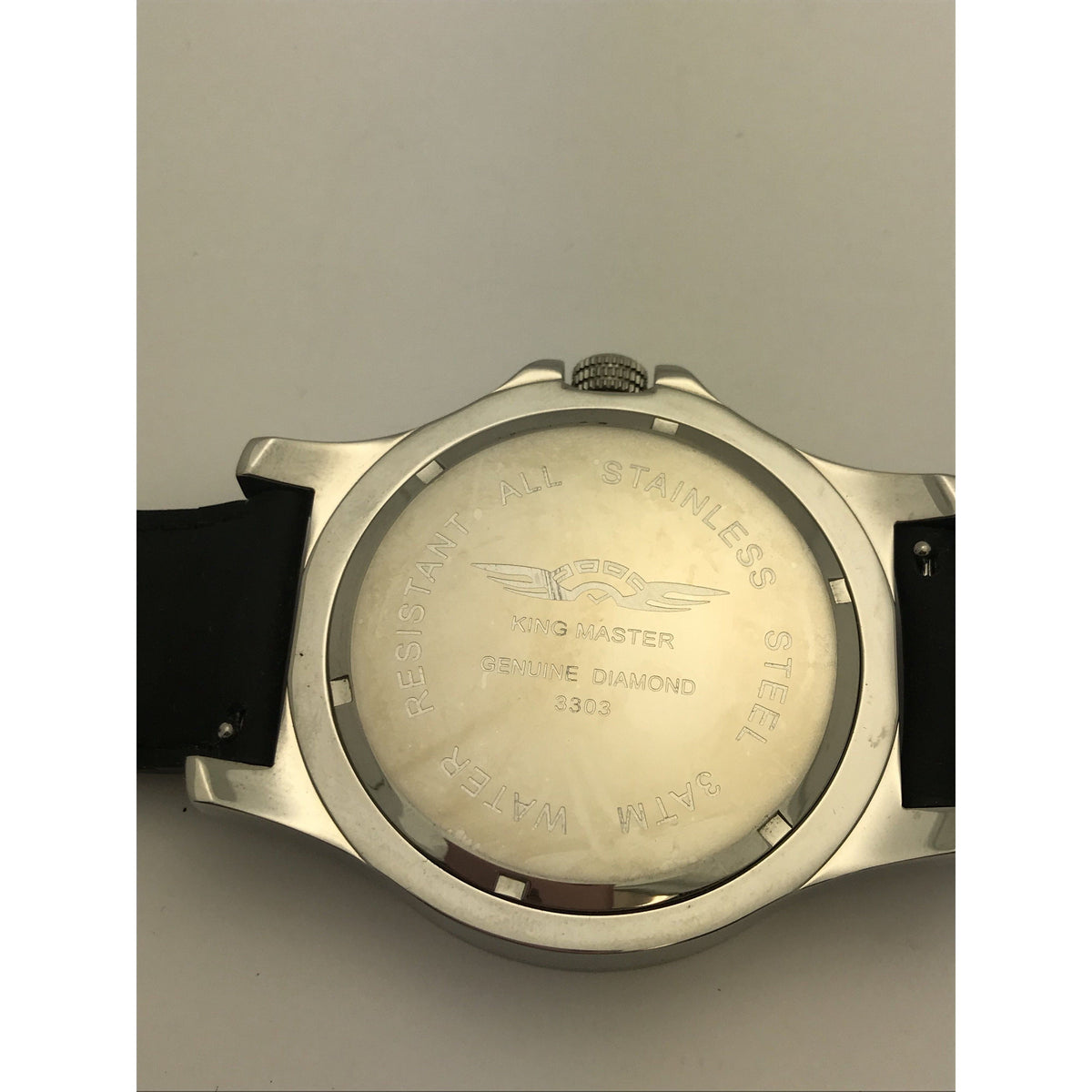 King Master Men's Diamond Bezel Silver Tone Dial Black Leather Band Watch 3303