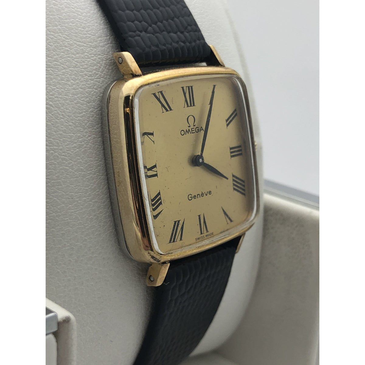 Omega Geneve Unisex Gold Tone Dial Black Leather Strap Watch