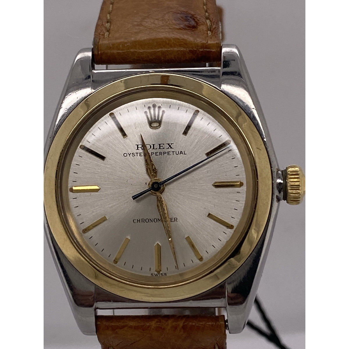 Rolex Oyster Perpetual Mid Size Chronometer Brown Leather Strap Watch 298321