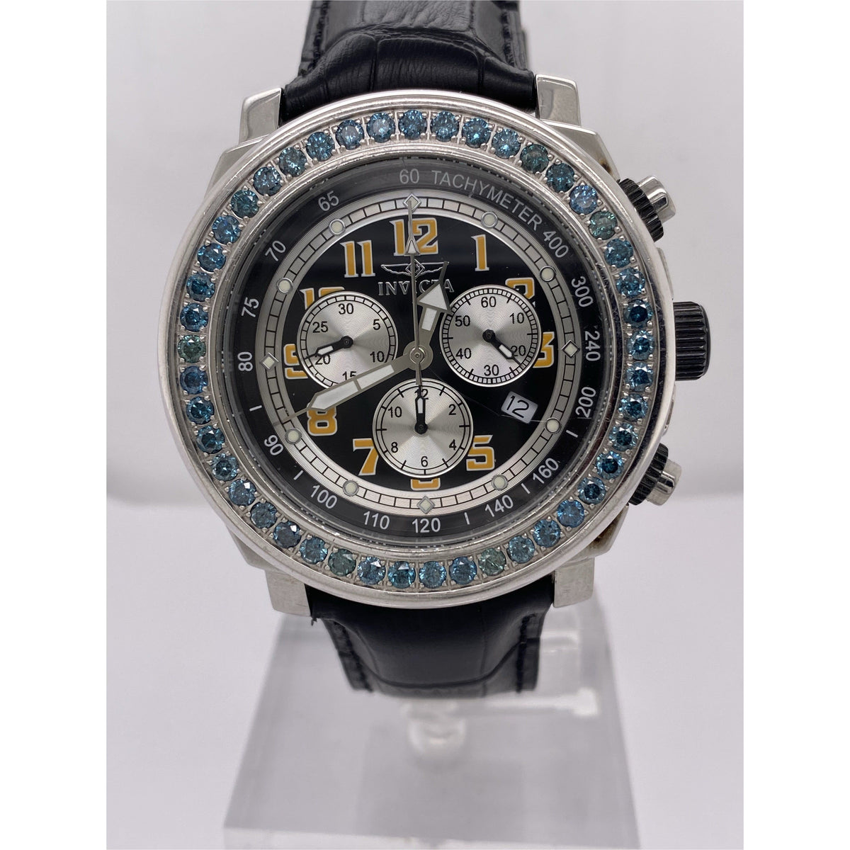 Invicta Men's Black Dial Blue Diamond Bezel 2.00CT. Black Leather Strap Watch 0616