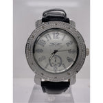 King Master Men's Silver Dial Black Leather Strap Diamond Bezel Watch 104M