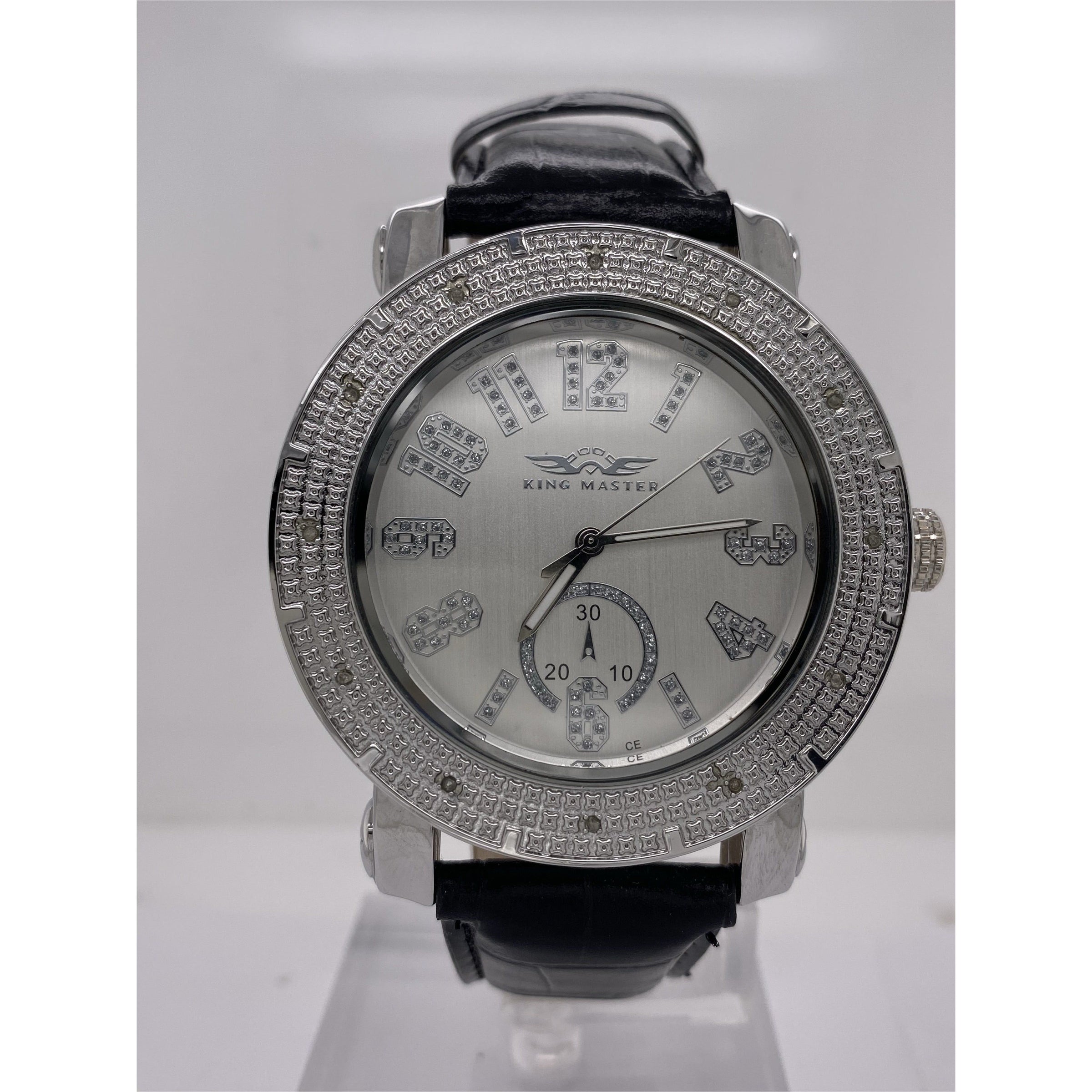 King Master Men s Silver Dial Black Leather Strap Diamond Bezel Watch 104M