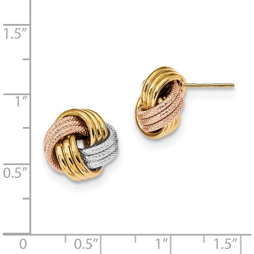 EARBBQGTL1063 14k Yellow With White And Rose Rhod Pol Textured Triple Love Knot Post Earrings
